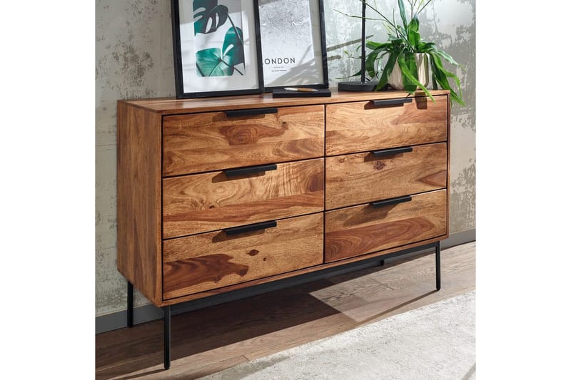 Sideboard Wohnling Massivt trä 117 cm 6 lådor filigrant metallben lantligt stil - Förvaring - Förvaringsmöbler - Sideboard & skänk