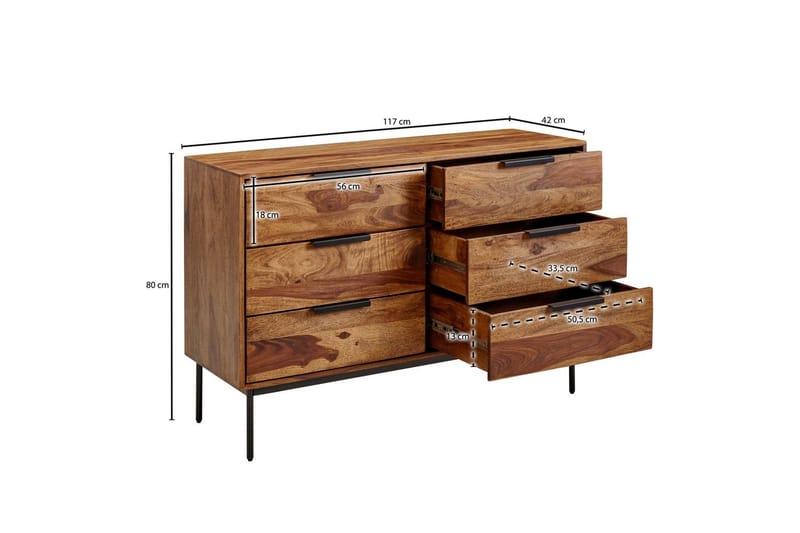 Sideboard Wohnling Massivt trä 117 cm 6 lådor filigrant metallben lantligt stil - Förvaring - Förvaringsmöbler - Sideboard & skänk