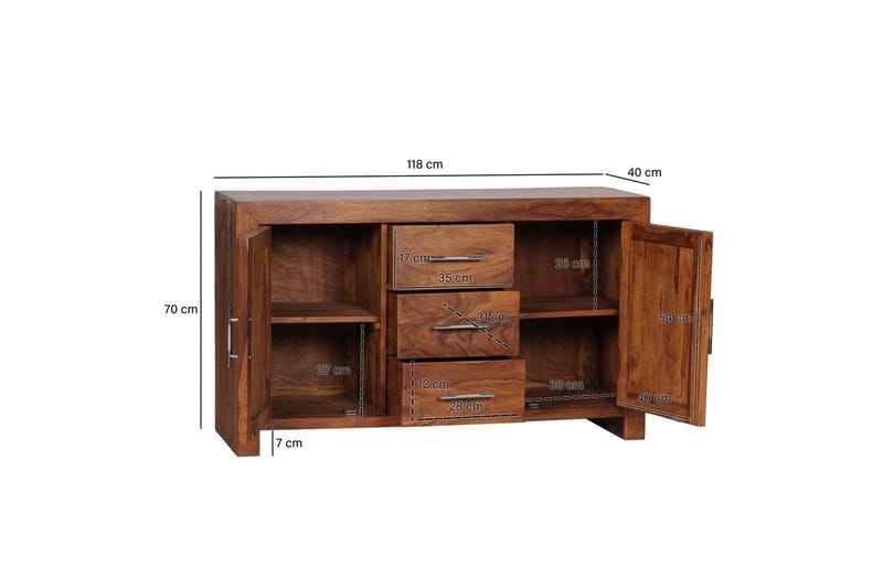 Sideboard Wohnling Massivt trä 118 x 40 cm 2 dörrar 3 lådor lantstil - Förvaring - Förvaringsmöbler - Sideboard & skänk