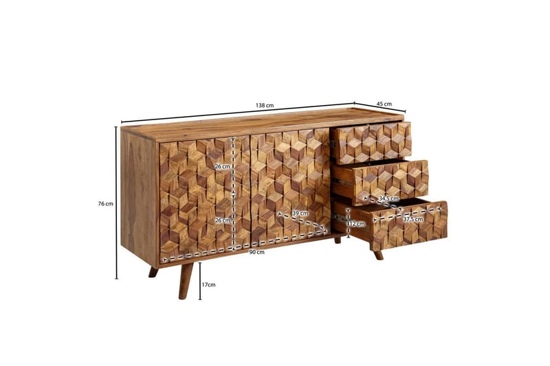 Sideboard Wohnling Massivt trä 3D kub-look front 138 cm Lantlig stil - Förvaring - Förvaringsmöbler - Sideboard & skänk