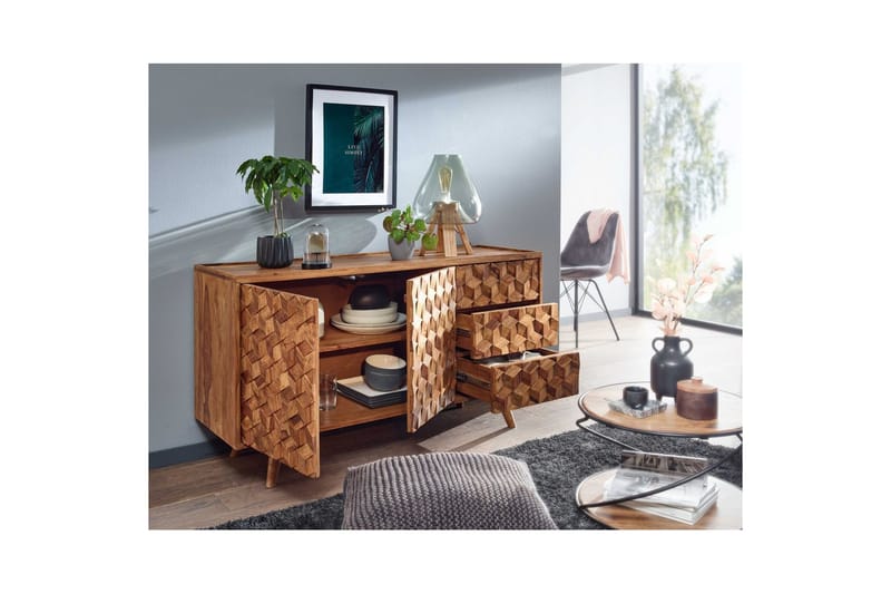 Sideboard Wohnling Massivt trä 3D kub-look front 138 cm Lantlig stil - Förvaring - Förvaringsmöbler - Sideboard & skänk