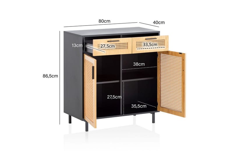 Sideboard Wohnling Melaminbelagd MDF 80 cm 2 dörrar 2 lådor med wienerflätning modern - Förvaring - Förvaringsmöbler - Sideboard & skänk