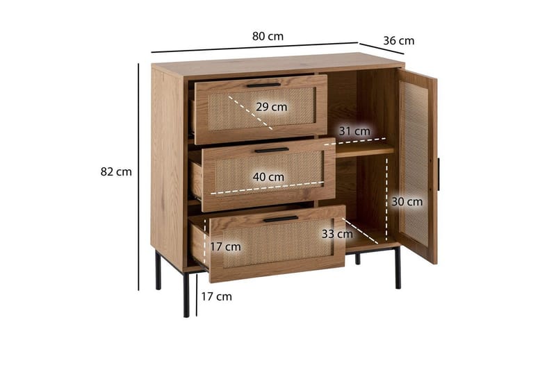 Sideboard Wohnling Melaminbelagd MDF-ekoptik, 3 lådor, 1 dörr med rottingfront Modern - Möbler - Bord & matgrupper - Avlastningsbord - Brickbord & småbord