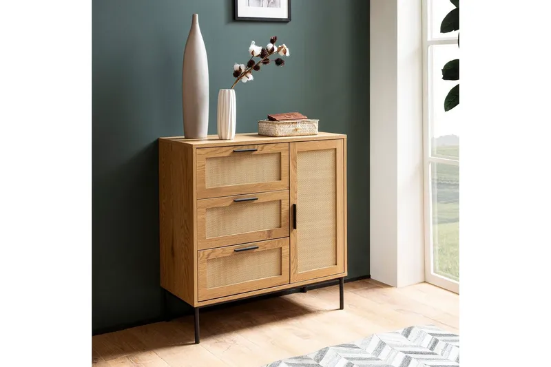 Sideboard Wohnling Melaminbelagd MDF-ekoptik, 3 lådor, 1 dörr med rottingfront Modern - Möbler - Bord & matgrupper - Avlastningsbord - Brickbord & småbord