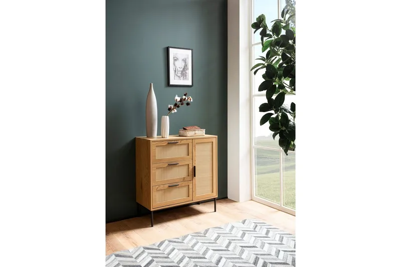 Sideboard Wohnling Melaminbelagd MDF-ekoptik, 3 lådor, 1 dörr med rottingfront Modern - Möbler - Bord & matgrupper - Avlastningsbord - Brickbord & småbord