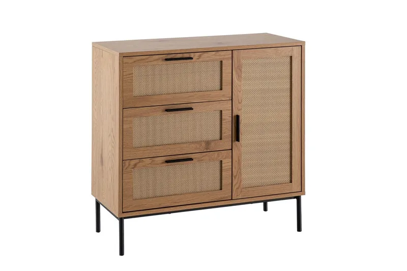 Sideboard Wohnling Melaminbelagd MDF-ekoptik, 3 lådor, 1 dörr med rottingfront Modern, undefined