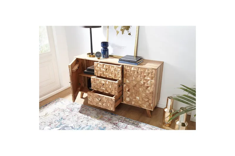 Sideboard Wohnling Rewa Solitt Trä 160 cm med Kubisk Front 2 Dörrar 3 Lådor Lantligt - Förvaring - Förvaringsmöbler - Sideboard & skänk