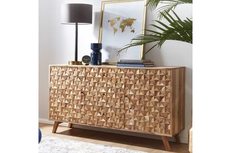 Sideboard Wohnling Rewa Solitt Trä 160 cm med Kubisk Front 2 Dörrar 3 Lådor Lantligt - Förvaring - Förvaringsmöbler - Sideboard & skänk