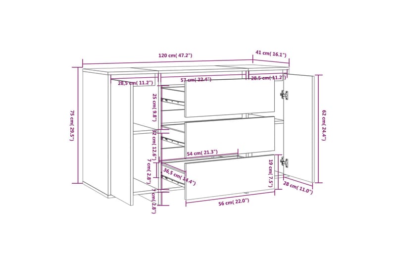 Skänk med 3 lådor betonggrå 120x41x75 cm spånskiva - Betonggrå - Sideboard & skänk