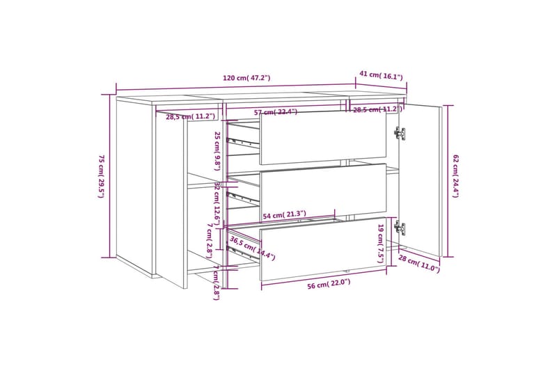 Skänk med 3 lådor vit högglans 120x41x75 cm spånskiva - Vit högglans - Förvaring - Förvaringsmöbler - Sideboard & skänk