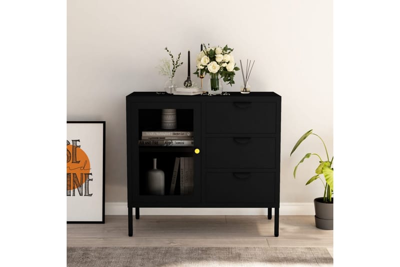 Skänk svart 75x35x70 cm stål och härdat glas - Svart - Förvaring - Förvaringsmöbler - Sideboard & skänk