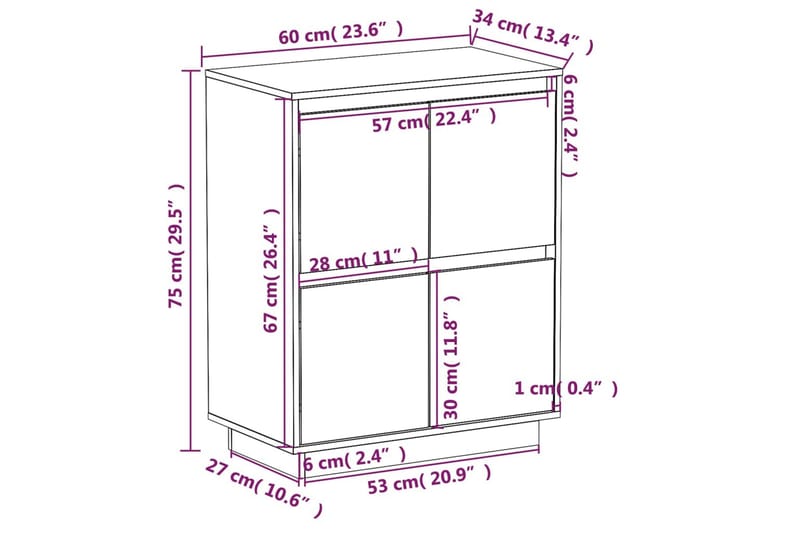 Skänk vit 60x34x75 cm massiv furu - Vit - Förvaring - Förvaringsmöbler - Sideboard & skänk