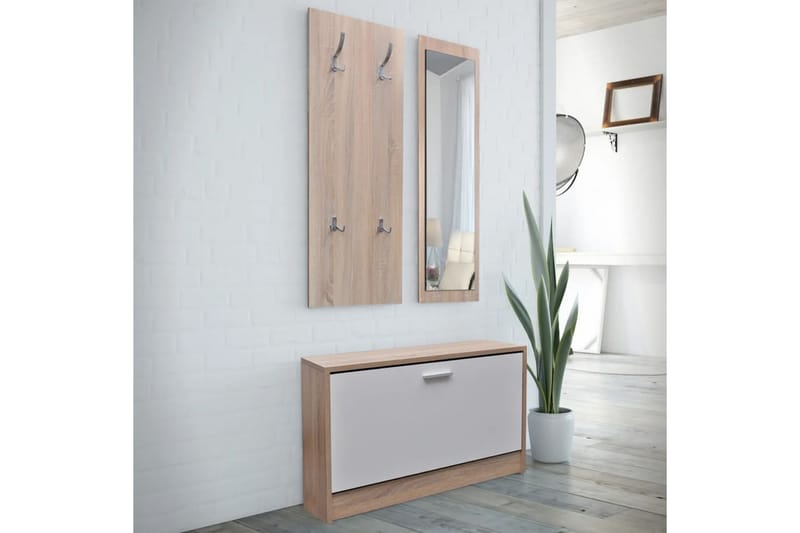 Skoskåp 3-i-1 med spegel och hängare ek vit - Brun - Hallförvaring - Möbelset för hall & entre
