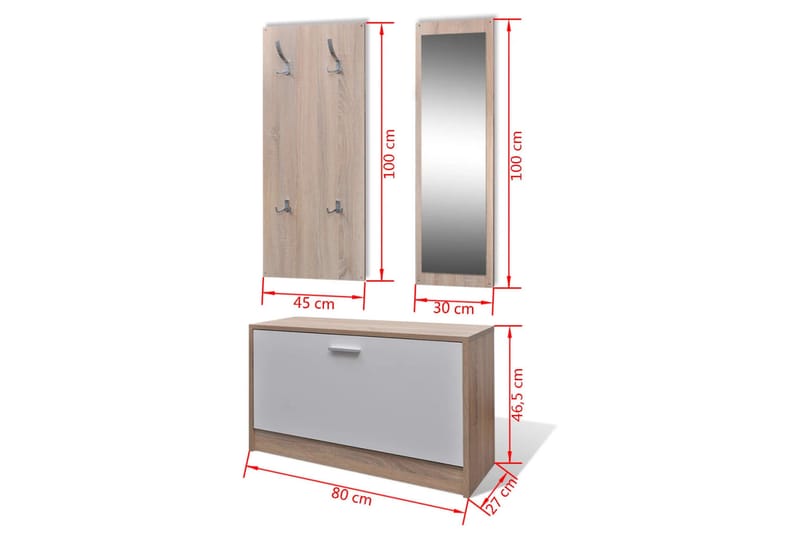 Skoskåp 3-i-1 med spegel och hängare ek vit - Brun - Hallförvaring - Möbelset för hall & entre