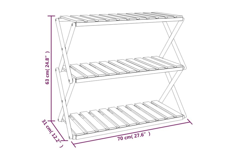 beBasic Hopfällbar hylla 3 hyllplan 70x31x63 cm massivt akaciaträ - Brown - Hyllsystem