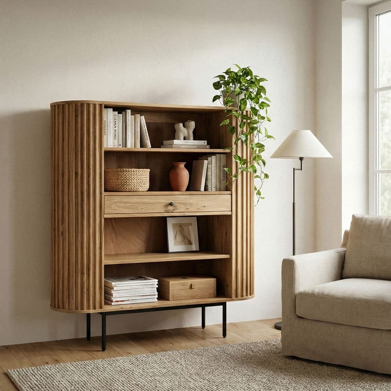 Belilo Bokhylla 105 cm Ribbdesign - naturligt varm honungsbrun och svart - Förvaring - Hylla - Bokhylla