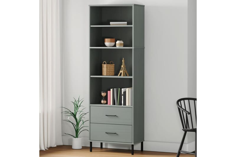 beBasic Bokhylla med 2 lådor OSLO grå 60x35x180 cm massivt trä - Grey - Förvaring - Hylla - Bokhylla
