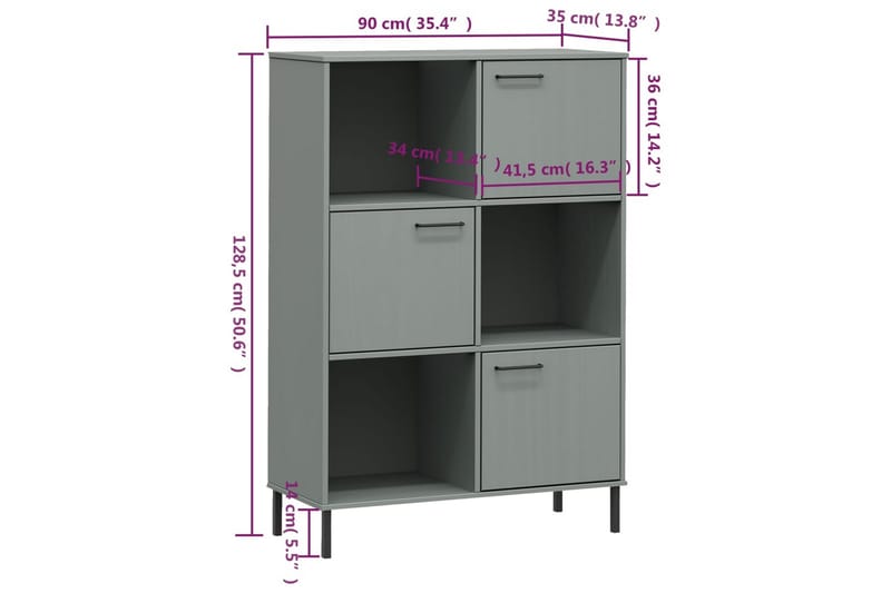 beBasic Bokhylla med metallben OSLO grå 90x35x128,5 cm massivt trä - Grey - Förvaring - Hylla - Bokhylla