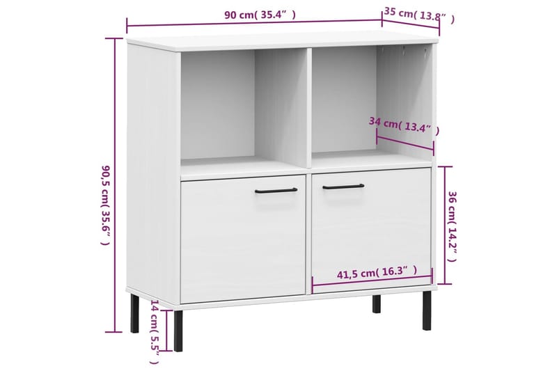 beBasic Bokhylla med metallben OSLO vit 90x35x90,5 cm massivt trä - White - Förvaring - Hylla - Bokhylla