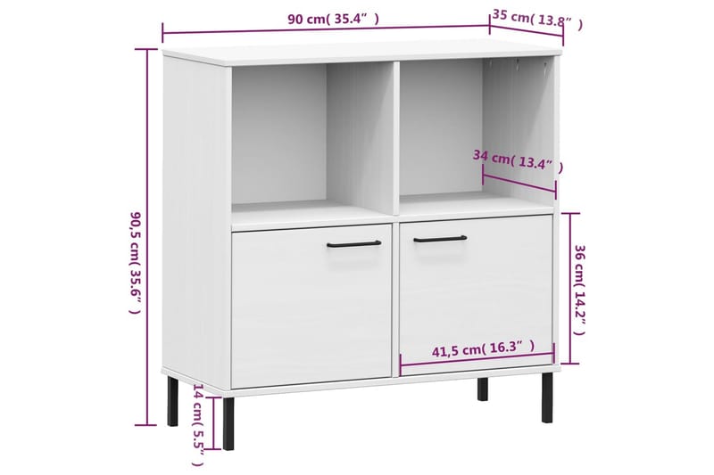 beBasic Bokhylla med metallben OSLO vit 90x35x90,5 cm massivt trä - White - Bokhylla