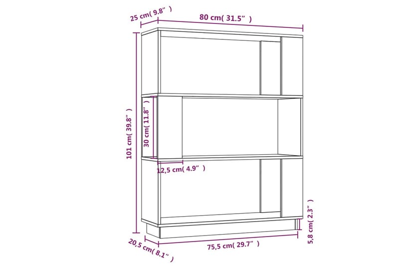 beBasic Bokhylla/rumsavdelare vit 80x25x101 cm massiv furu - White - Bokhylla