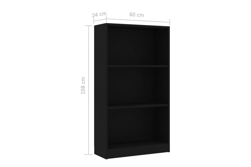 Bokhylla 3 hyllor svart 60x24x108 cm spånskiva - Svart - Förvaring - Hylla - Bokhylla