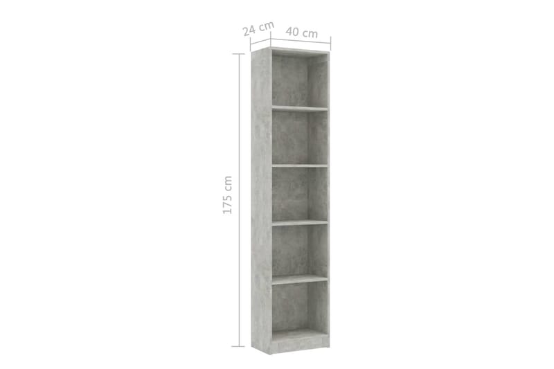 Bokhylla 5 hyllor betonggrå 40x24x175 cm spånskiva - Grå - Förvaring - Hylla - Bokhylla
