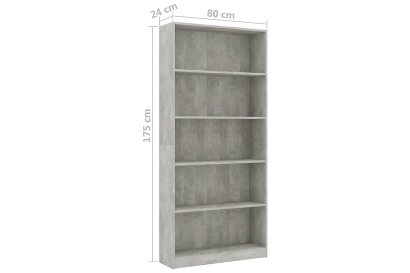 Bokhylla 5 hyllor betonggrå 80x24x175 cm spånskiva - Grå - Förvaring - Hylla - Bokhylla