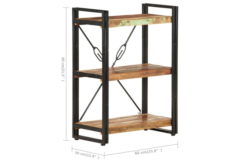 Bokhylla med 3 hyllor 60x30x80 cm massivt återvunnet trä - Flerfärgad - Förvaring - Hylla - Bokhylla