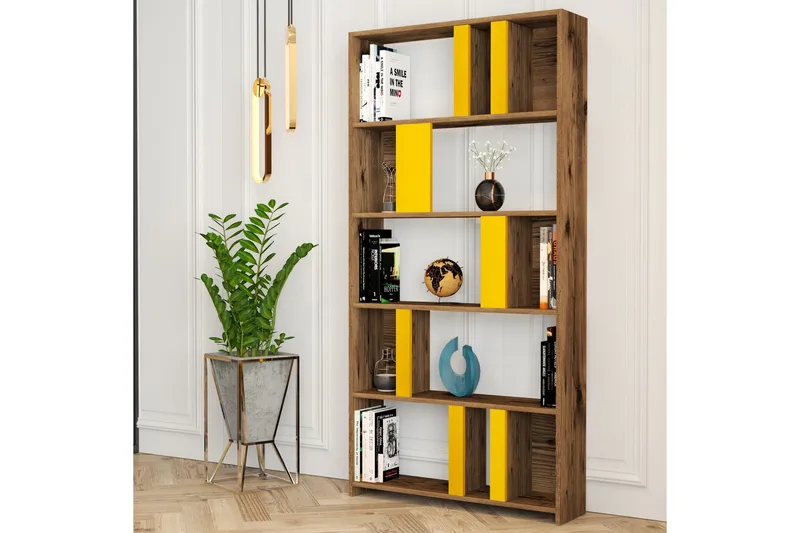 Timiza Bokhylla 90x20 cm 5 Hyllor - Mörkbrun/Gul - Förvaring - Hylla - Bokhylla