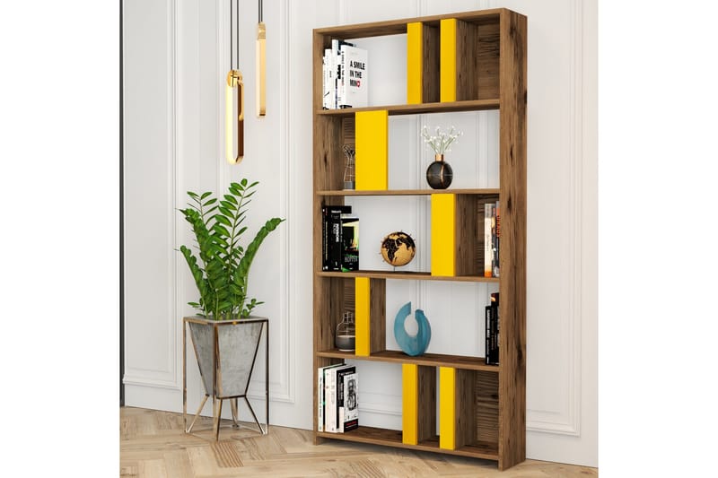 Timiza Bokhylla 90x20 cm 5 Hyllor - Mörkbrun/Gul - Förvaring - Hylla - Bokhylla