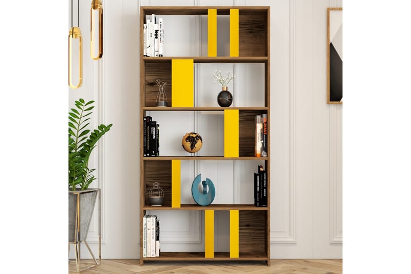Timiza Bokhylla 90x20 cm 5 Hyllor - Mörkbrun/Gul - Förvaring - Hylla - Bokhylla