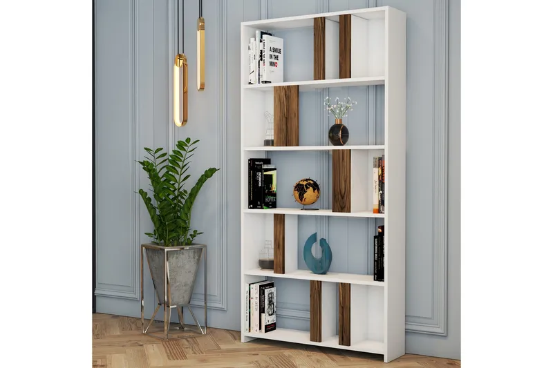 Timiza Bokhylla 90x20 cm 5 Hyllor - Vit/Mörkbrun - Förvaring - Hylla - Bokhylla