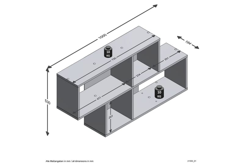 FMD Väggmonterad hylla med 4 fack ek och vit högglans - Brun - Vägghylla
