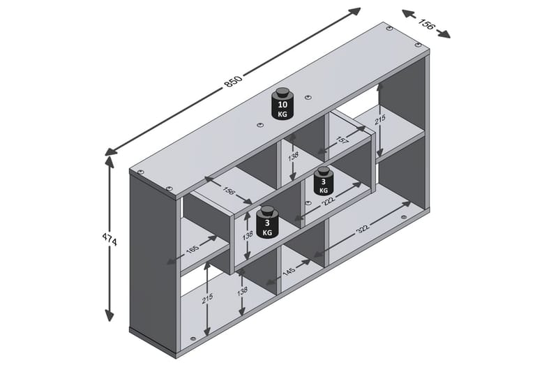 FMD Väggmonterad hylla rektangulär med 8 fack vit - Vit - Vägghylla
