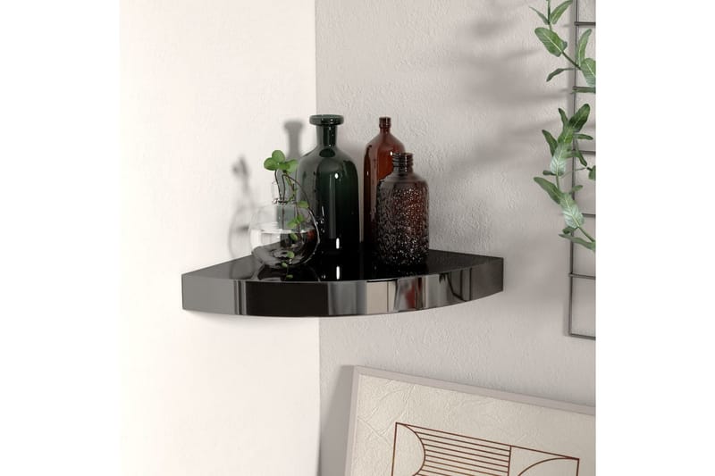 Svävande hörnhylla svart högglans 25x25x3,8 cm MDF - Svart - Förvaring - Hylla - Hörnhylla