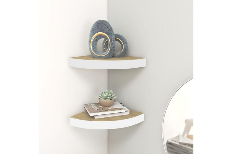 Svävande hörnhyllor 2 st ek och vit 35x35x3,8 cm MDF - Brun - Förvaring - Hylla - Hörnhylla