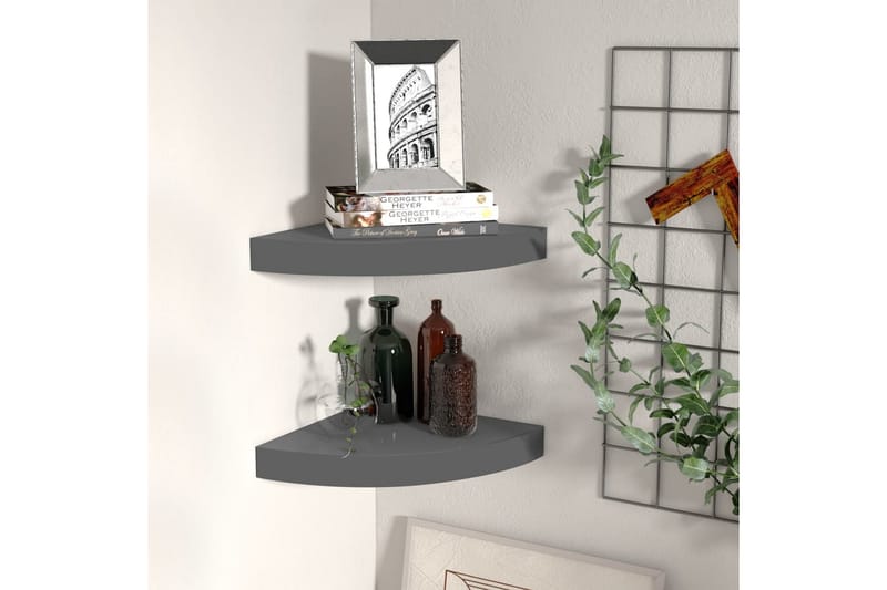 Svävande hörnhyllor 2 st grå högglans 25x25x3,8 cm MDF - Grå - Förvaring - Hylla - Hörnhylla
