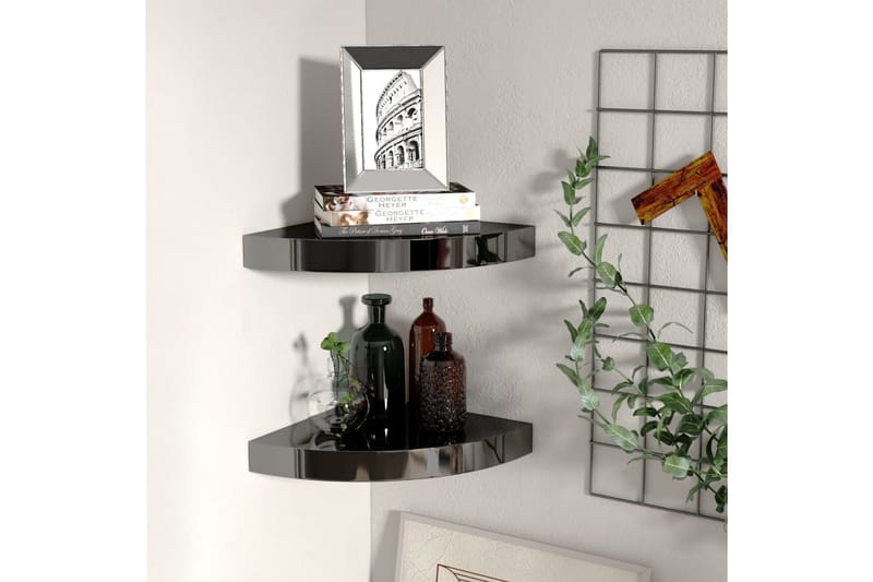 Svävande hörnhyllor 2 st svart högglans 25x25x3,8 cm MDF - Svart - Förvaring - Hylla - Hörnhylla