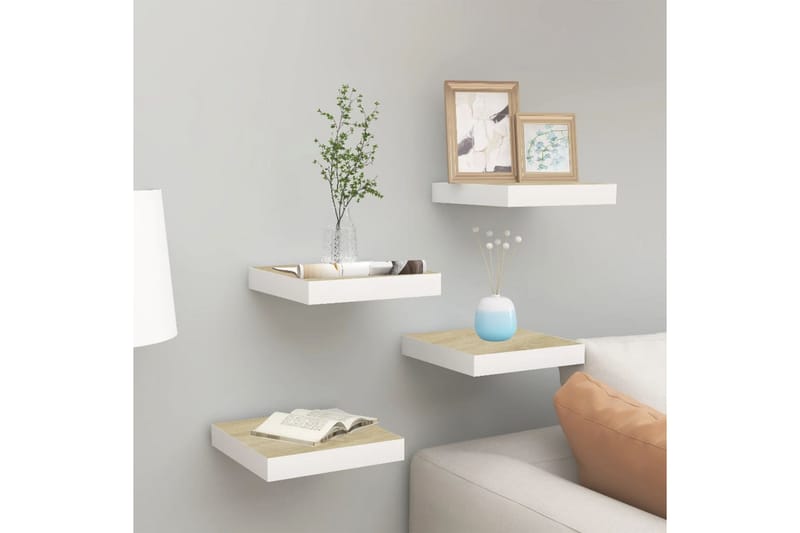 Svävande vägghyllor 4 st ek och vit 23x23,5x3,8 cm MDF - Vit/Trä - Förvaring - Hylla - Vägghylla