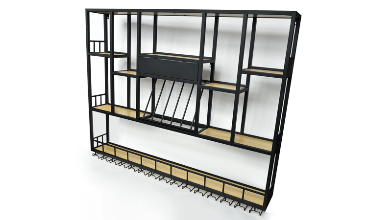 Vägghängd barhylla i svart metall | Vin, glas & flaskförvaring | 150 × 120 cm - Förvaring - Hylla - Vägghylla
