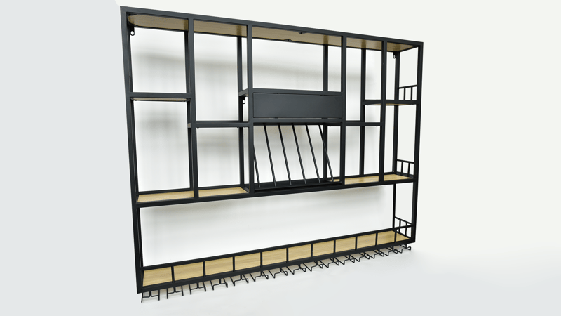 Vägghängd barhylla i svart metall | Vin, glas & flaskförvaring | 150 × 120 cm - Förvaring - Hylla - Vägghylla