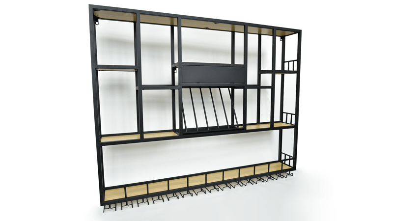 Vägghängd barhylla i svart metall | Vin, glas & flaskförvaring | 150 × 120 cm, undefined