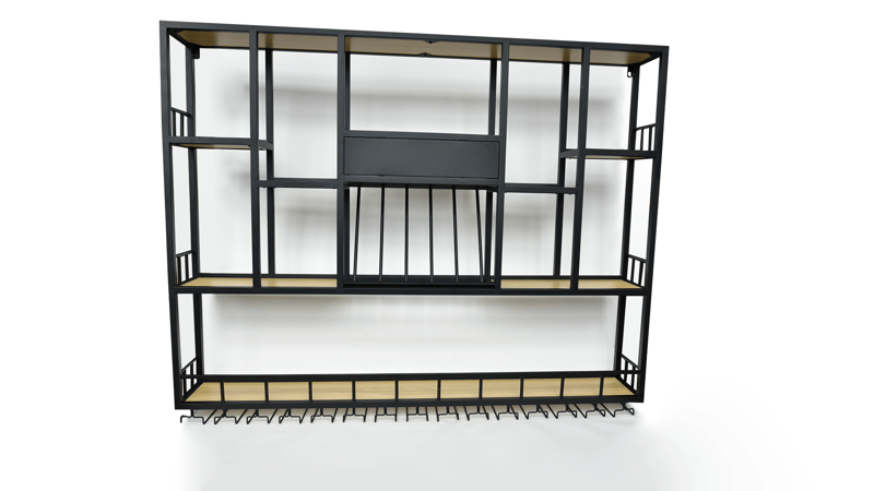 Vägghängd barhylla i svart metall | Vin, glas & flaskförvaring | 150 × 120 cm - Förvaring - Hylla - Vägghylla