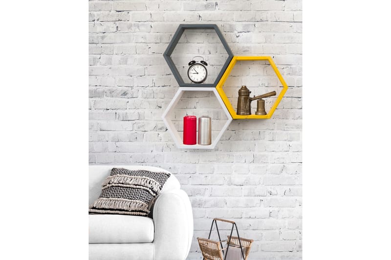 Croxall Vägghylla 58x9 cm 3 Hyllor - Vit/Antracit/Gul - Förvaring - Hylla - Vägghylla