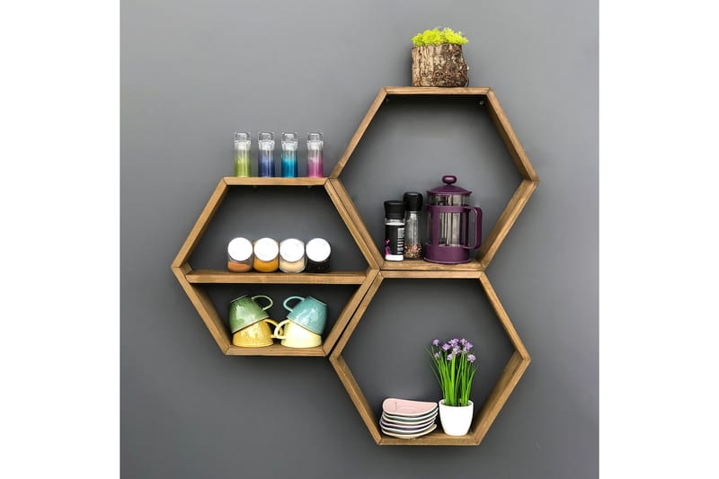 Evila Vägghylla 3 Hexagoner - Trä - Förvaring - Hylla - Vägghylla