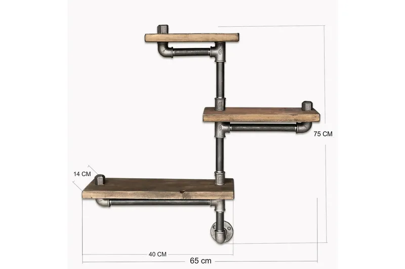 Evila Vägghylla Rör/Trä 3 Hyllor - Svart/Trä - Förvaring - Hylla - Vägghylla