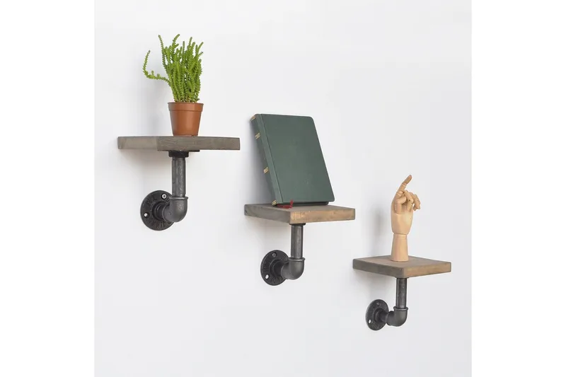 Evila Vägghylla Rör/Trä Liten 3-pack - Svart/Trä - Förvaring - Hylla - Vägghylla