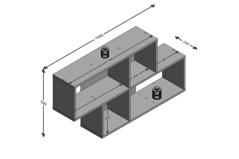 FMD Väggmonterad hylla med 4 fack betong och vit - Grå - Vägghylla