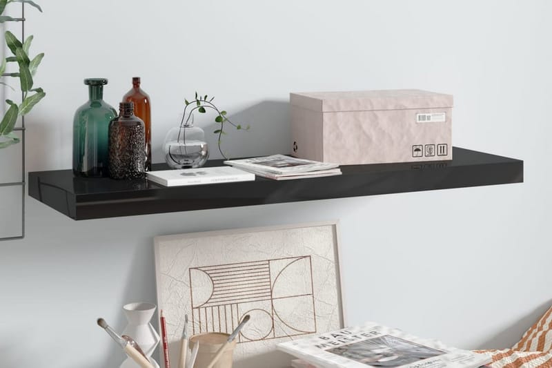 Svävande vägghylla svart högglans 80x23,5x3,8 cm MDF - Svart - Förvaring - Hylla - Vägghylla